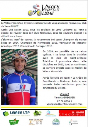 Saison 2020: Yann GUYOT au Véloce Vannetais